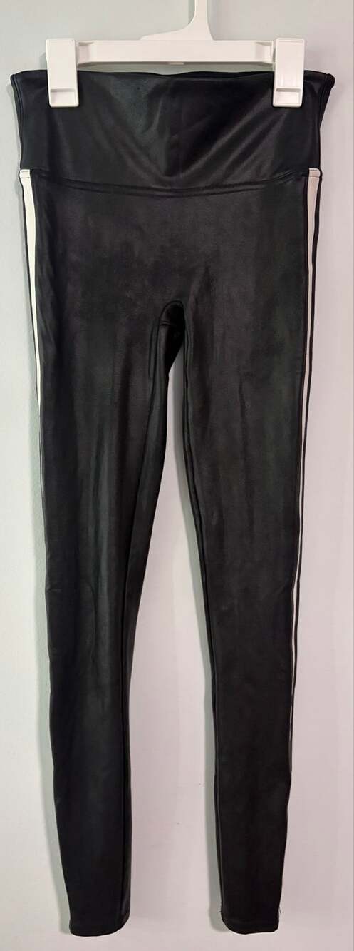 SPANX Faux Leather Side Stripe Leggings S/P Black White High Rise Petite